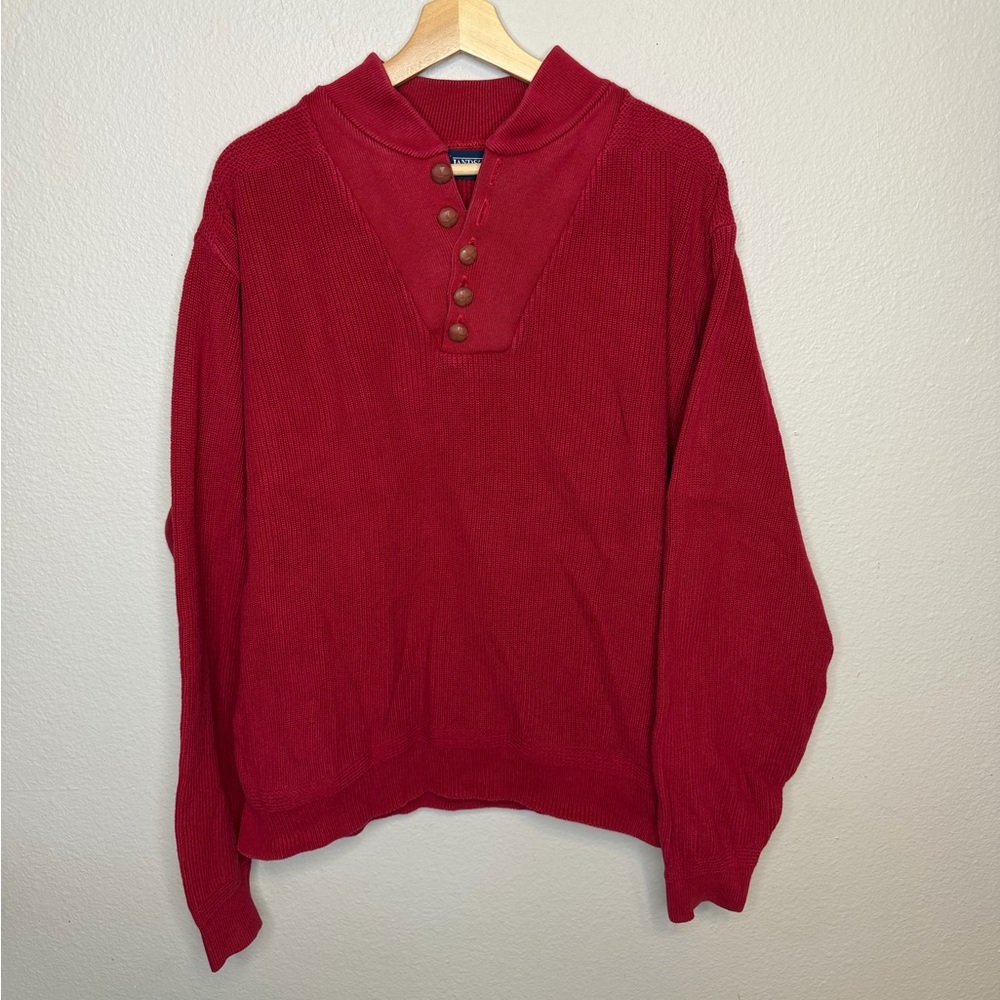 Lands End Sweater mens XL Rib Knit Henley Collared Vintage Made in USA Red